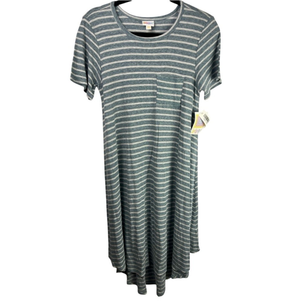 LuLaRoe Carly Dress XXS Blue Gray Striped Rib Knit Short Sleeve Pocket Casual